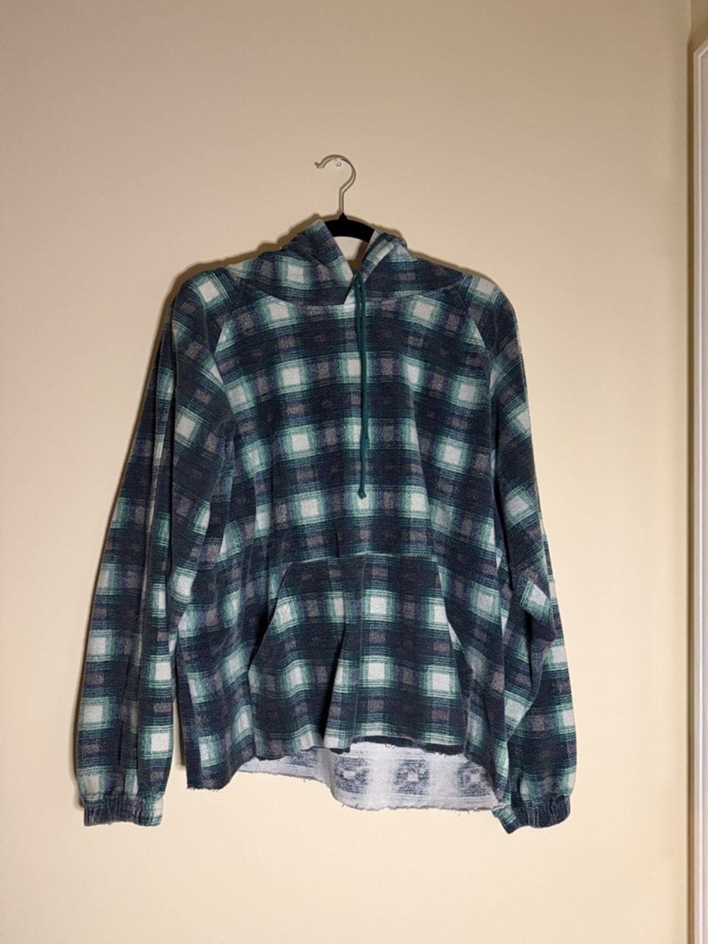 Vintage Plaid Hooded Fleece Pullover in Teal and Navy